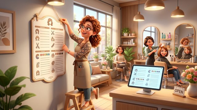 Friseurin hängt eine übersichtliche Preisliste an die Wand ihres Salons, daneben zeigt ein Tablet dieselben Preise online