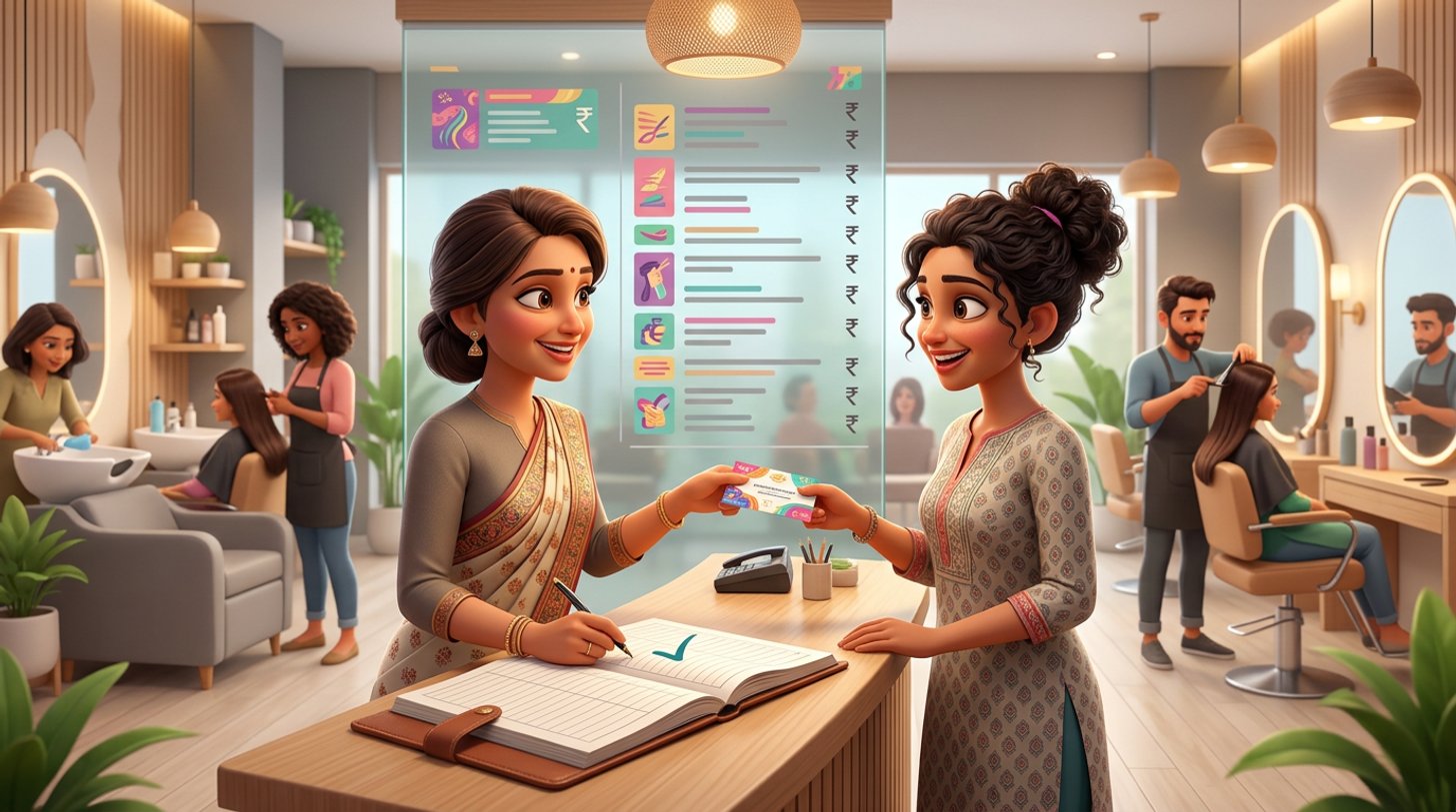 An Indian hair salon owner at the reception counter hands a seated client a printed prepaid package card while marking a used session in a ledger, a rupee price list on the wall and stylists working behind them