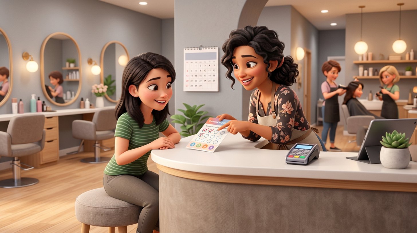 A Malaysian hair salon owner shows a seated client a printed package card with session checkboxes at the reception counter, colour stations and a wall calendar in the background