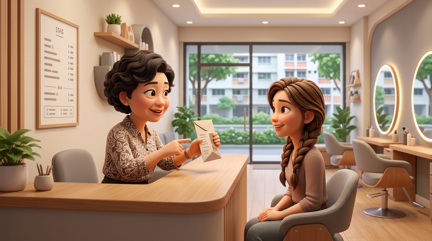 A Singapore hair salon owner calmly walks a seated client through a small printed package card at the reception counter, a transparent price list on the wall and styling stations in the background