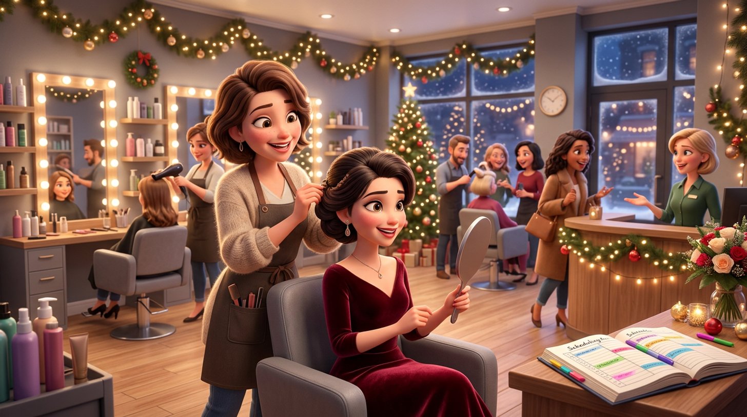 Une coiffeuse termine un chignon de fête pour une cliente souriante en robe de soirée, dans un salon de coiffure décoré de guirlandes lumineuses
