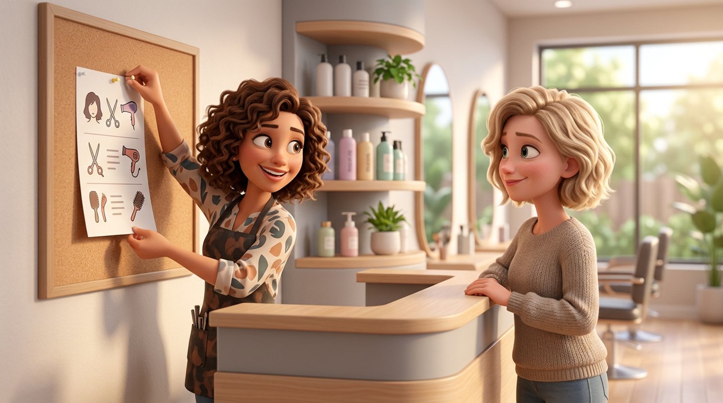 Illustration of a hair salon owner pinning a new price list to the reception noticeboard while a client reads it calmly