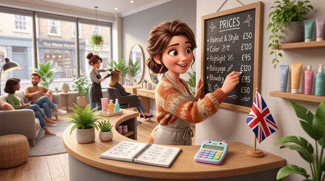 Illustration of a hair salon owner writing her price list on a chalkboard at the reception desk, calculator and notebook beside her
