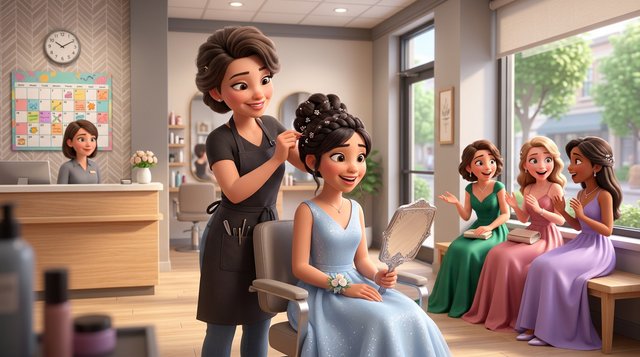 A stylist pins an elegant updo on a smiling teenage client in a bright American hair salon while her friends in formal dresses wait together on a bench, a full appointment calendar on the wall