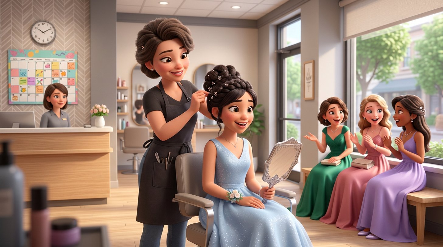 A stylist pins an elegant updo on a smiling teenage client in a bright American hair salon while her friends in formal dresses wait together on a bench, a full appointment calendar on the wall