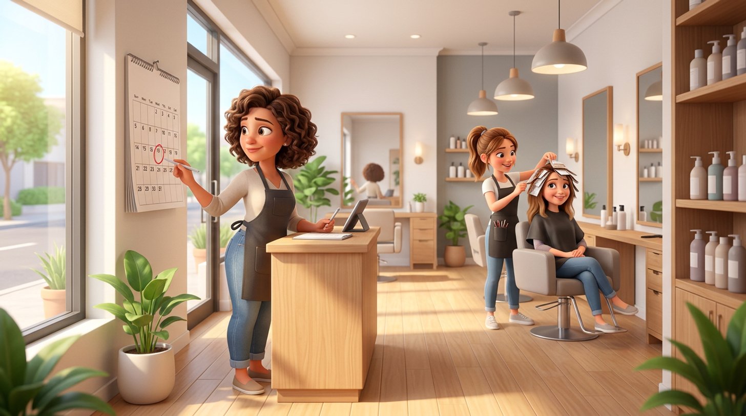 A hair salon owner weighs up a wall calendar with a public holiday circled while a stylist finishes a client's colour in a bright Australian salon