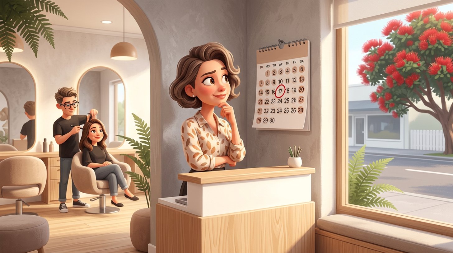 A hair salon owner studies a wall calendar with a public holiday circled in red while a stylist finishes a client's hair in a bright New Zealand salon