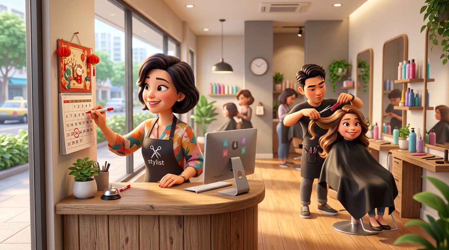 A hair salon owner circles a public holiday on a wall calendar while a stylist works on a client under festive red lanterns in a bright Singapore salon