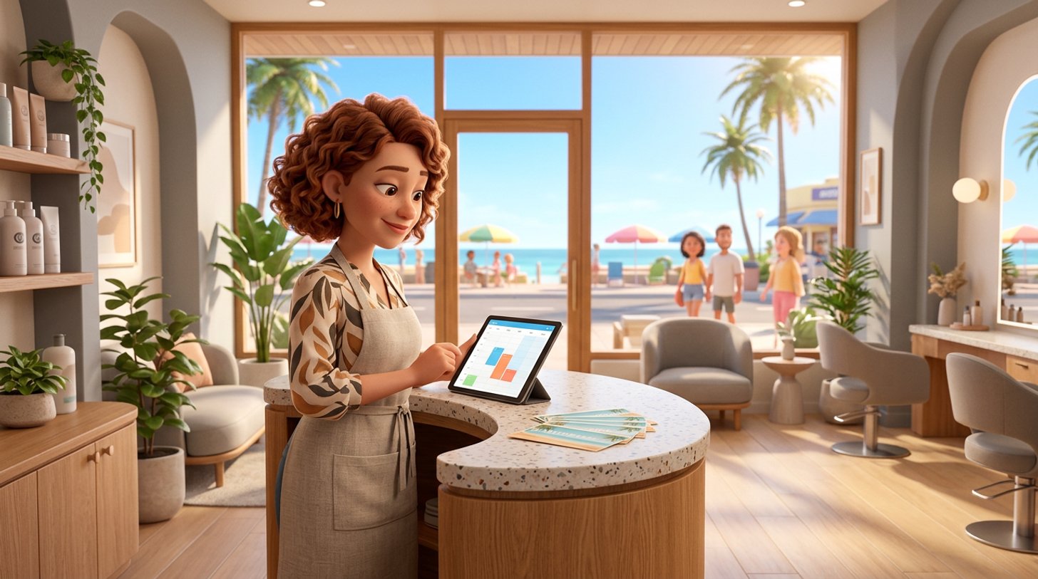 A salon owner reviews a half-empty January diary on a tablet at the front desk of a bright Australian hair salon, sunshine and a beach street visible through the window