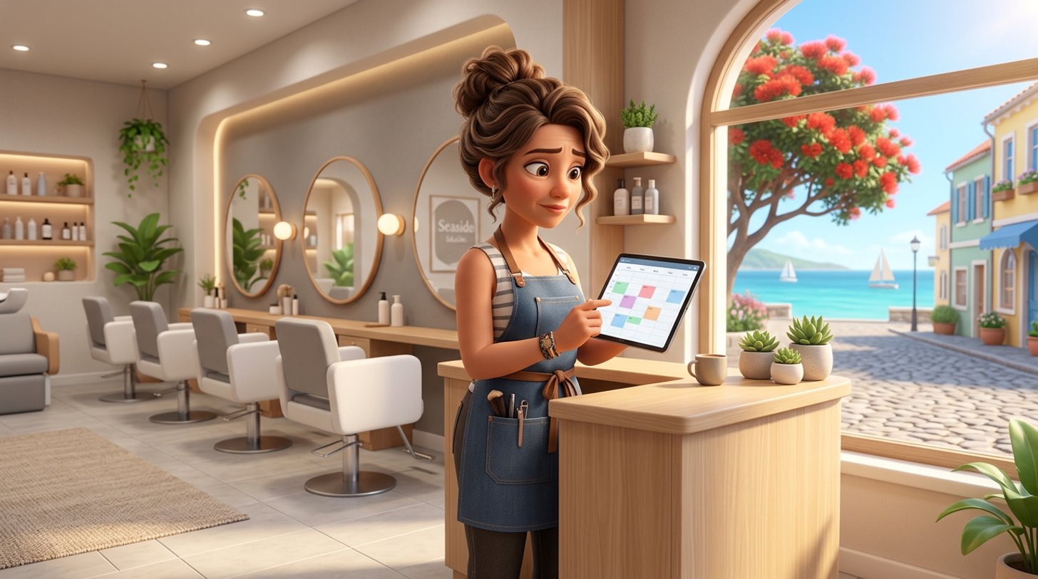 A salon owner at the front desk of a bright New Zealand hair salon studies a nearly empty summer booking calendar on a tablet, a pohutukawa tree flowering outside the window