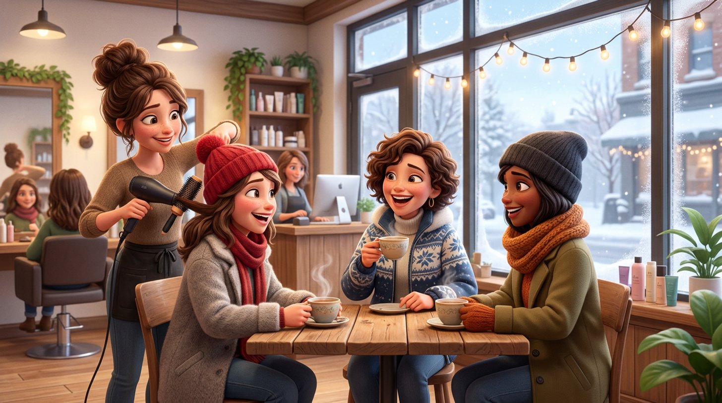 Three women friends in winter coats laugh over tea at a bright Irish hair salon reception while a stylist finishes a blow-dry, fairy lights still in the window