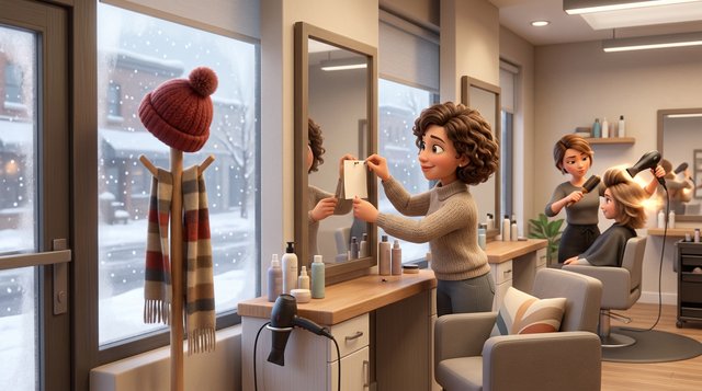 A Canadian hair salon owner pins a small price update notice beside the mirror while a stylist finishes a client's blowout, snow falling outside the window