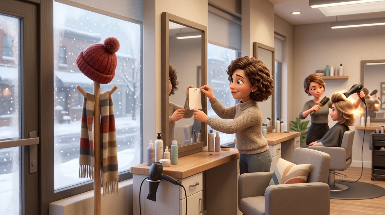 A Canadian hair salon owner pins a small price update notice beside the mirror while a stylist finishes a client's blowout, snow falling outside the window