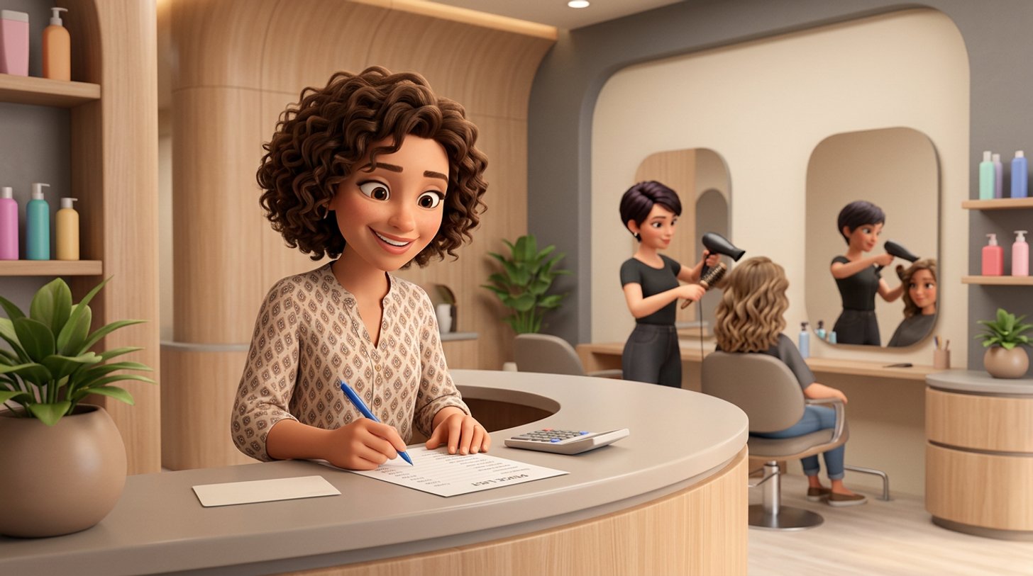 An Irish hair salon owner at the reception desk updates a printed price list beside a calculator, a stylist finishing a blow-dry in the background
