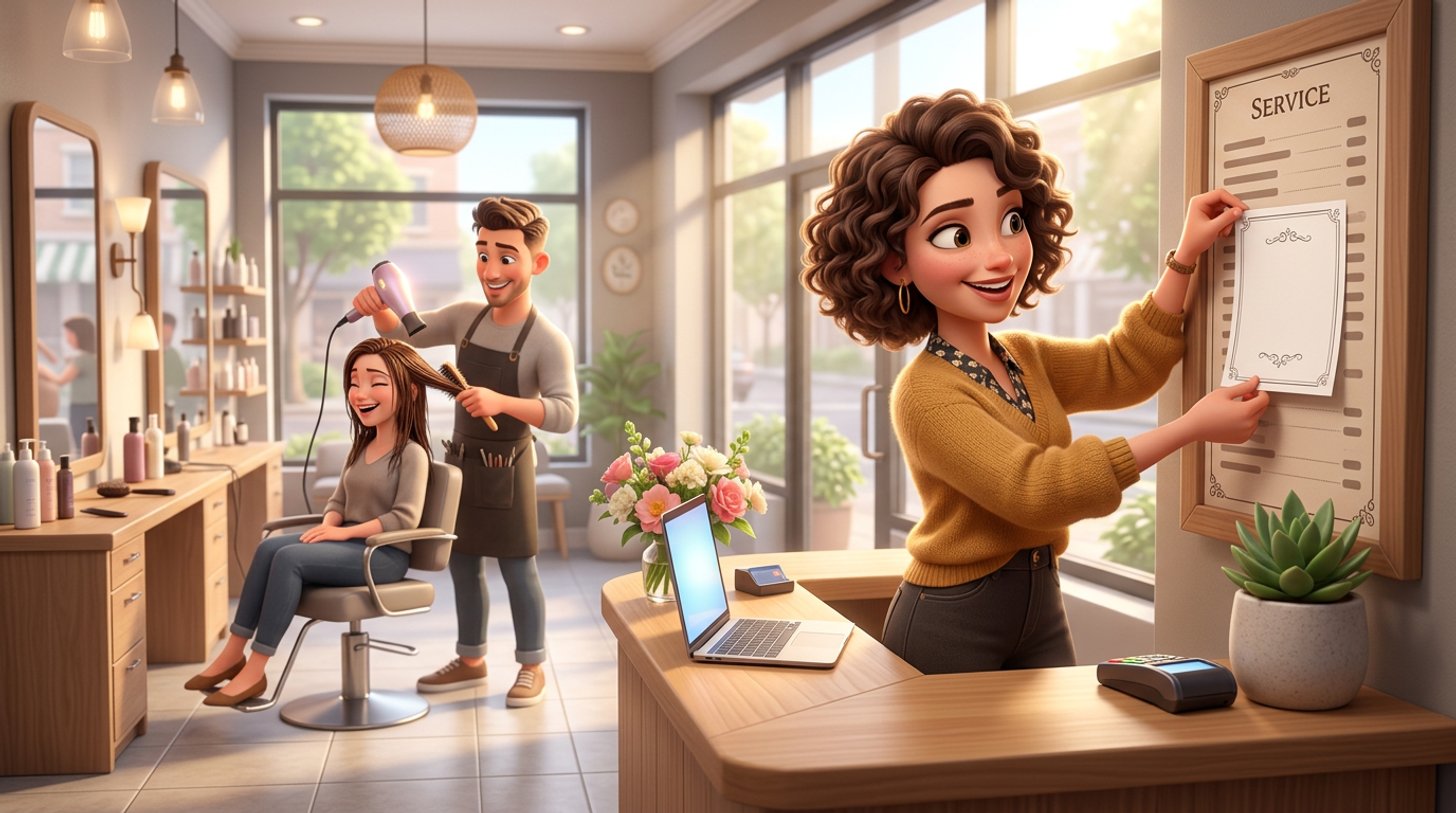 A hair salon owner updates the prices on her service menu at the front desk of a bright American salon while a stylist works with a client in the background