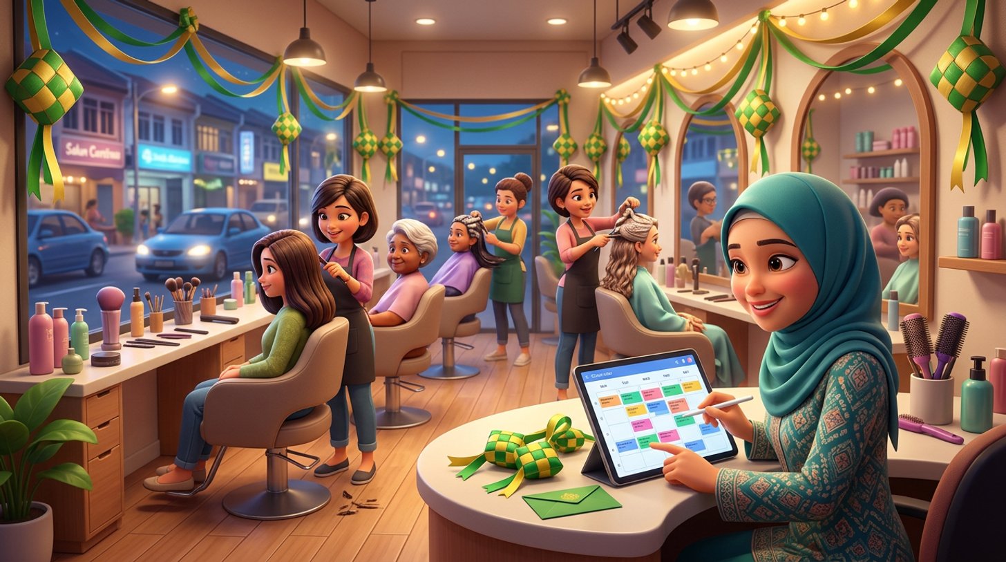 A Malaysian salon owner in a hijab checks a fully booked tablet diary at the reception desk of a busy hair salon in the evening, every chair taken and ketupat ornaments hanging by the window