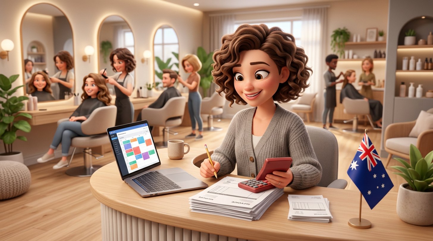 A hair salon owner at her reception desk works through software invoices with a calculator and laptop, styling chairs and mirrors behind her in a bright Australian salon