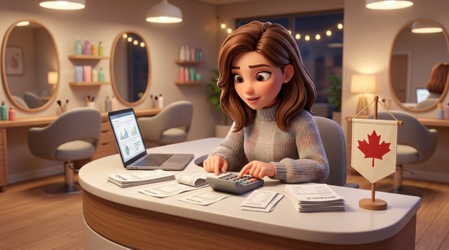 A hair salon owner at her reception desk adds up software invoices with a calculator and laptop, a small maple leaf pennant beside her and styling chairs behind