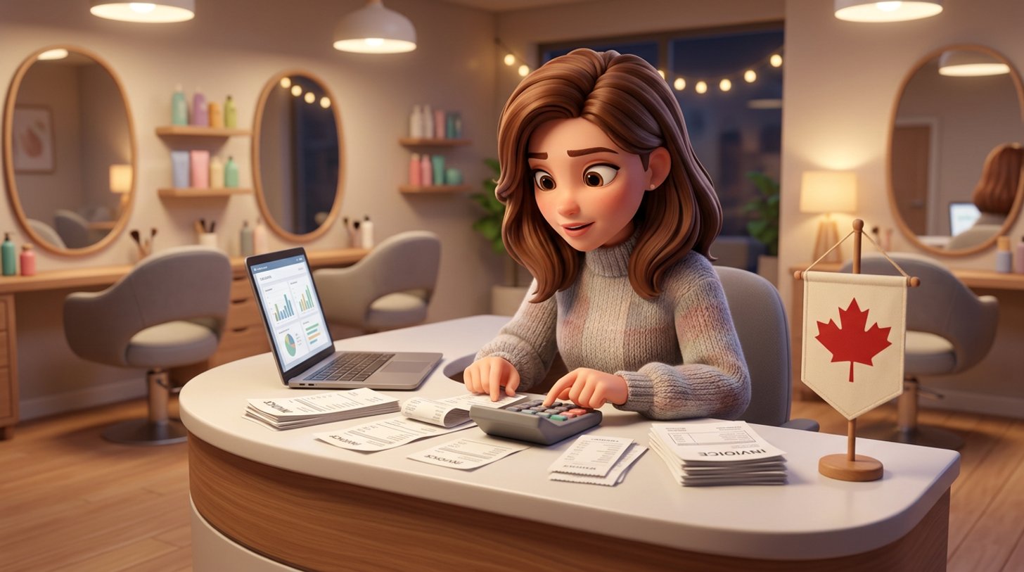 A hair salon owner at her reception desk adds up software invoices with a calculator and laptop, a small maple leaf pennant beside her and styling chairs behind