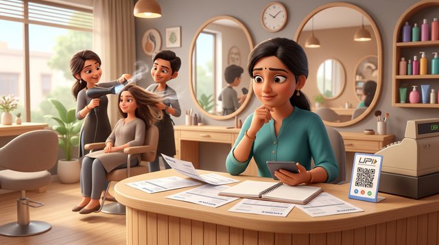 An Indian hair salon owner at her reception desk studies a stack of software invoices with a calculator while a stylist blow-dries a client between the mirrors behind her