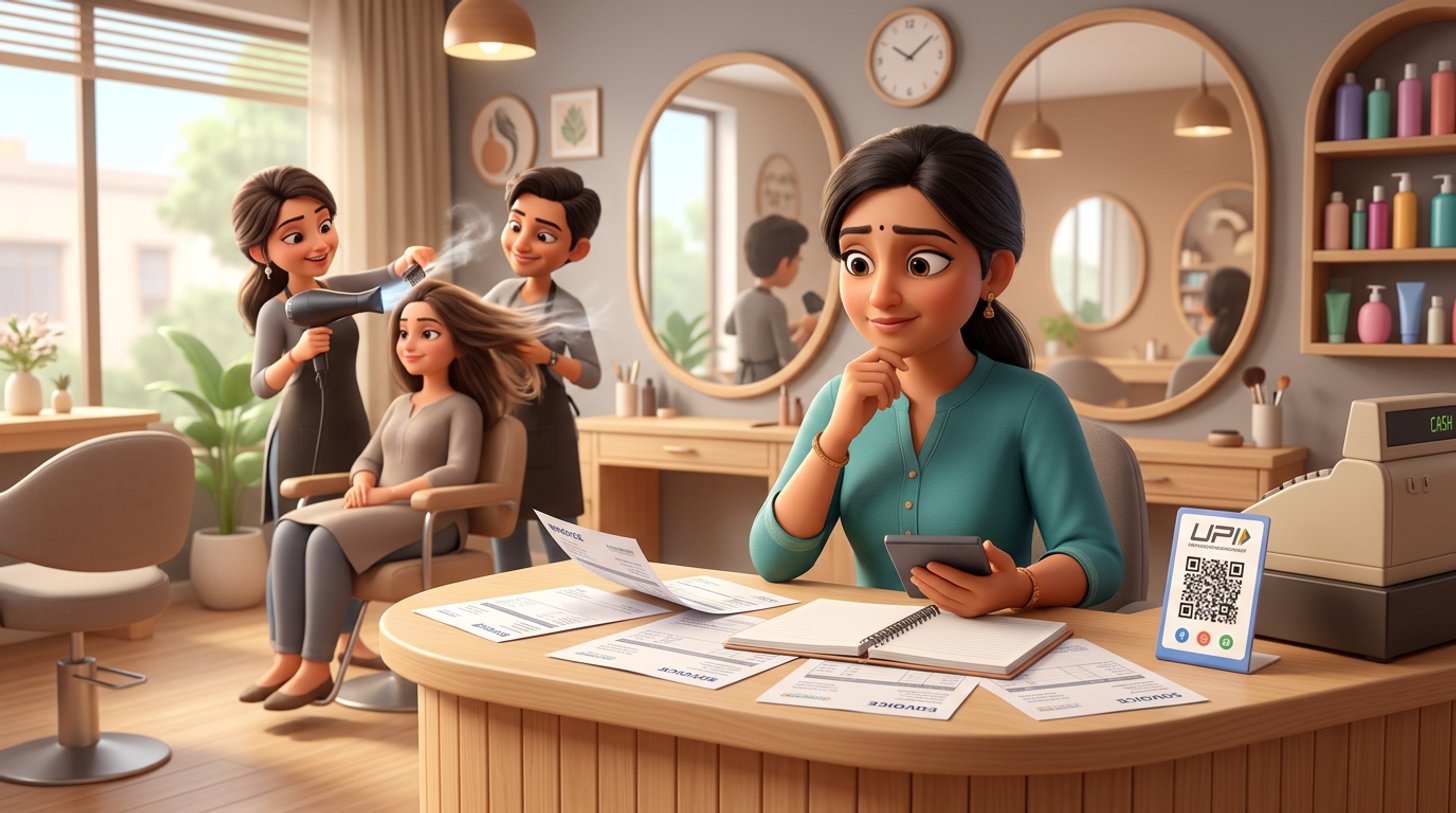 An Indian hair salon owner at her reception desk studies a stack of software invoices with a calculator while a stylist blow-dries a client between the mirrors behind her