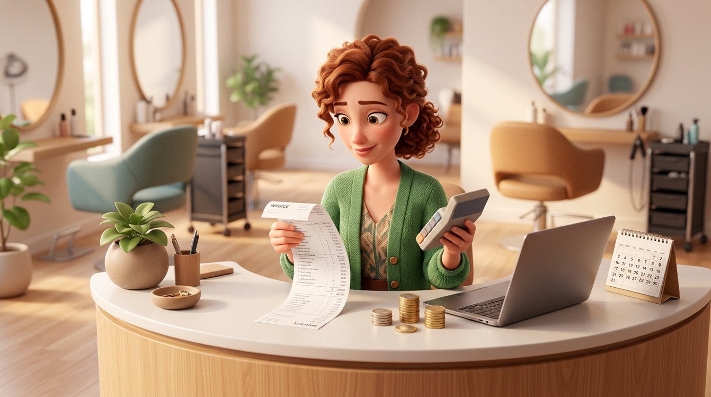 A hair salon owner at her reception desk studies a long itemised invoice with a calculator, stacks of euro coins lined up beside a laptop and a monthly calendar, styling chairs and mirrors behind her