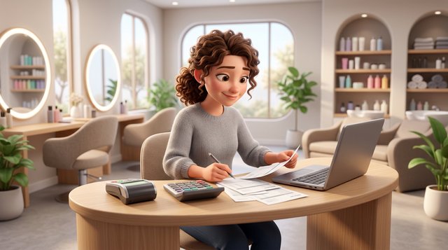 A hair salon owner at her reception desk compares software invoices on a laptop with a calculator beside an EFTPOS terminal, styling chairs and mirrors behind her in a bright New Zealand salon