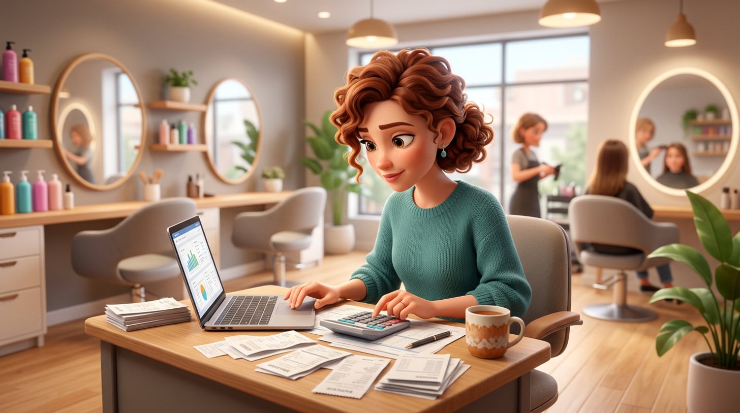 A hair salon owner sits at a small desk with a calculator, a laptop, scattered receipts and a cup of coffee, working out her software costs while styling chairs and mirrors wait in the background