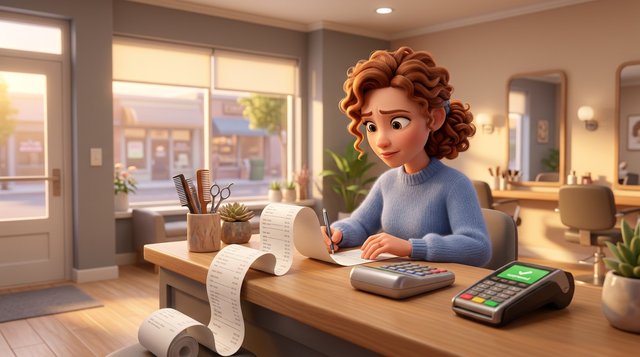 Illustration of a hair salon owner at her reception desk studying a long itemised bill with a calculator, scissors and a card reader beside her