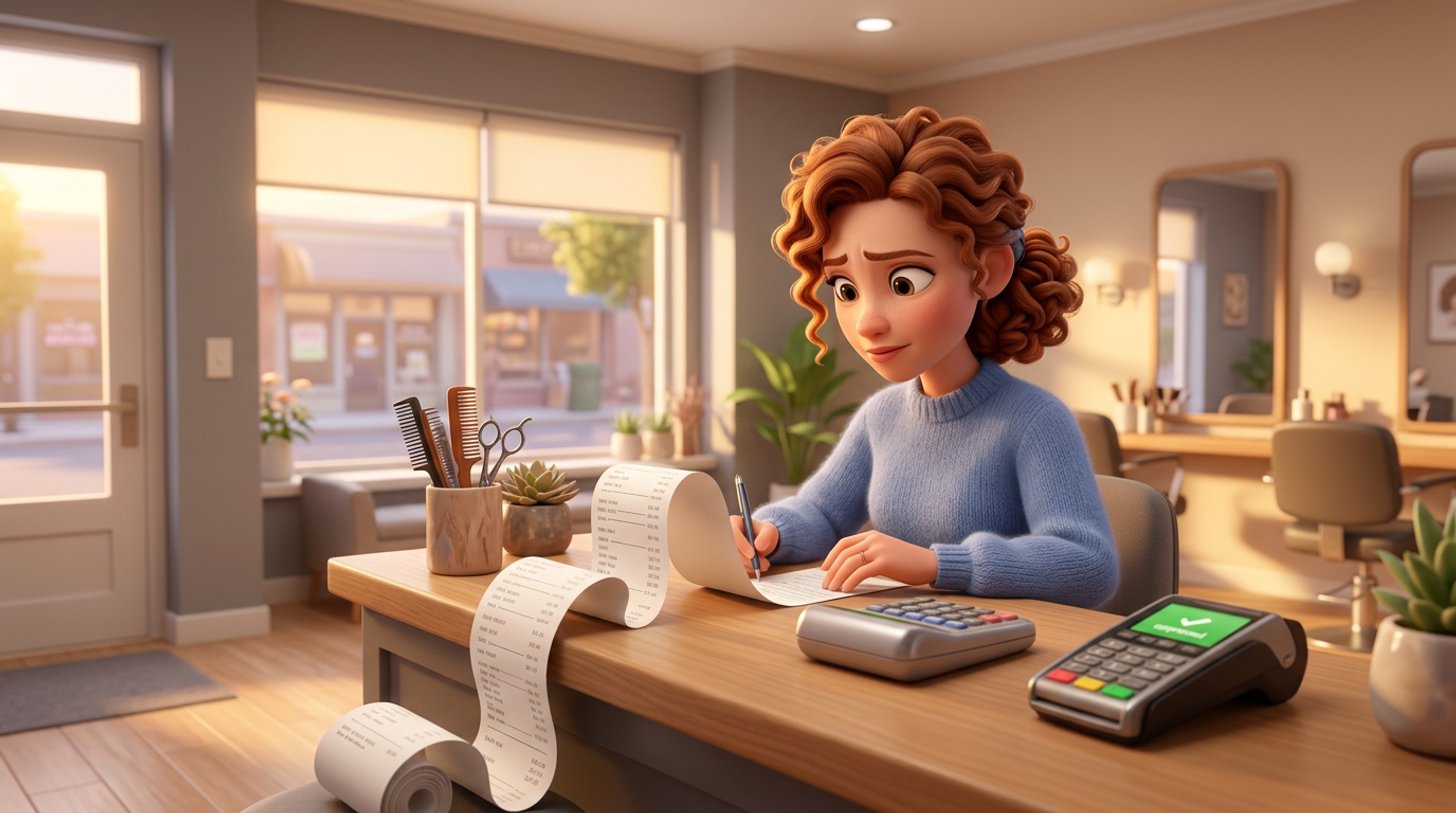 Illustration of a hair salon owner at her reception desk studying a long itemised bill with a calculator, scissors and a card reader beside her