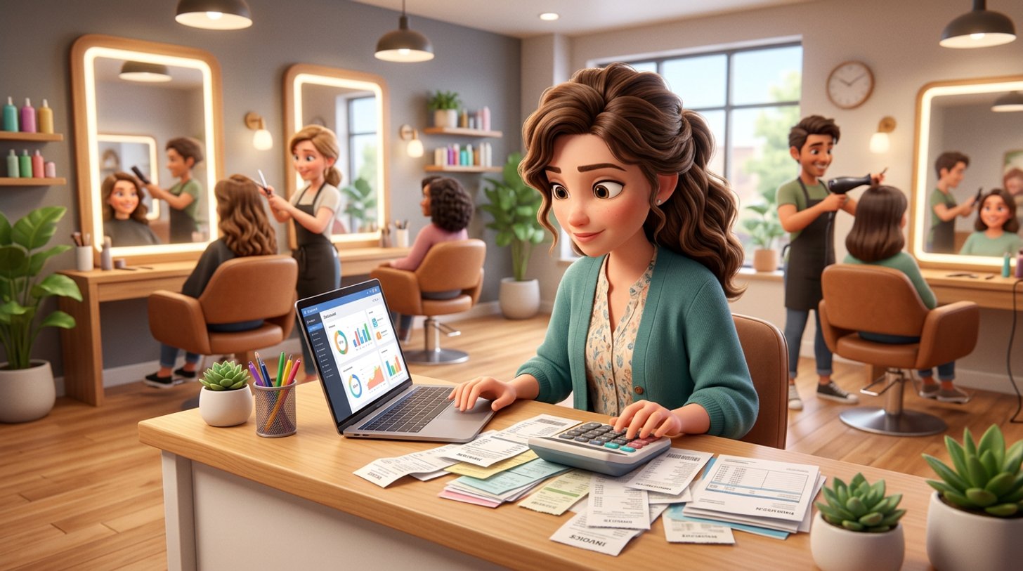 A hair salon owner at her front desk reviews a stack of receipts with a calculator and laptop, styling stations visible behind her
