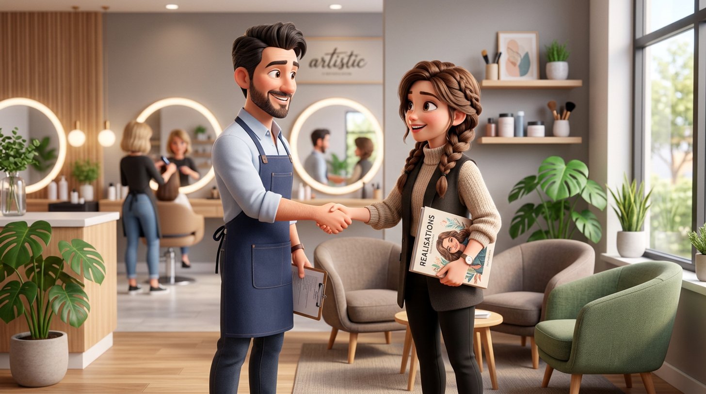 Un gérant de salon de coiffure serre la main d'une jeune coiffeuse candidate tenant son book, dans le coin entretien d'un salon lumineux
