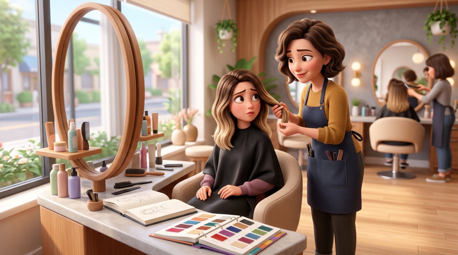 A hair salon owner calmly examines a strand of a concerned client's freshly coloured hair at a styling station, with consultation notes and a colour swatch book open on the bench and sunlight through the salon window