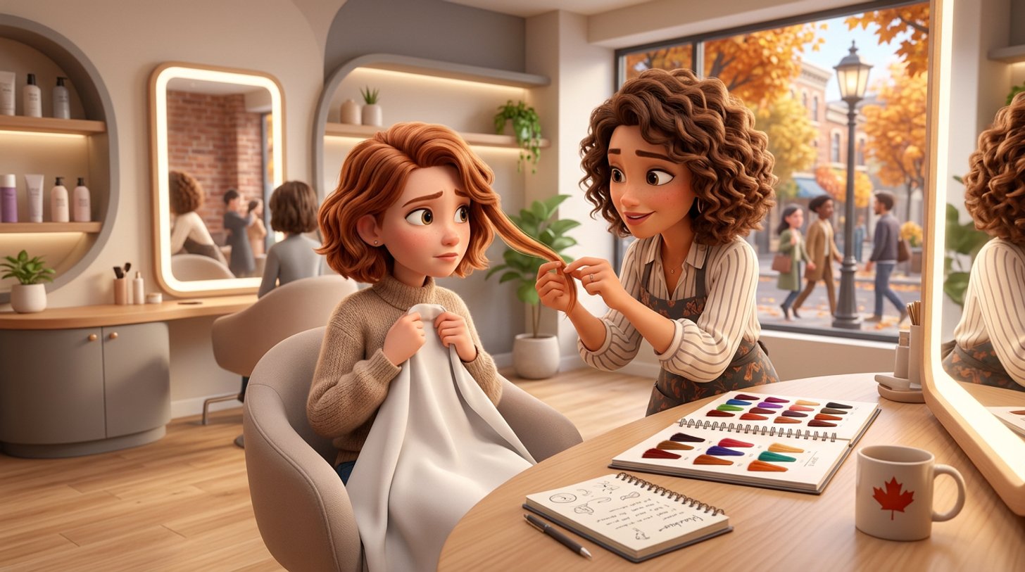 A hair salon owner gently examines a strand of a concerned client's freshly coloured hair in a styling chair, with a colour swatch book and consultation notes open on the counter and an autumn street outside the window