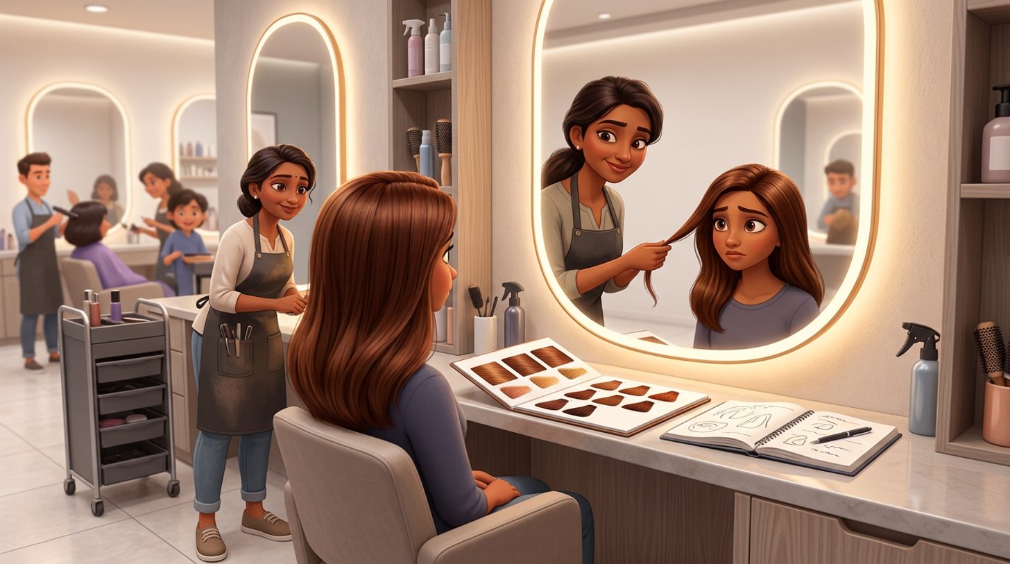 An Indian hair salon owner gently examines a strand of a concerned client's freshly coloured hair at a styling station, with consultation notes and colour swatches laid out on the counter