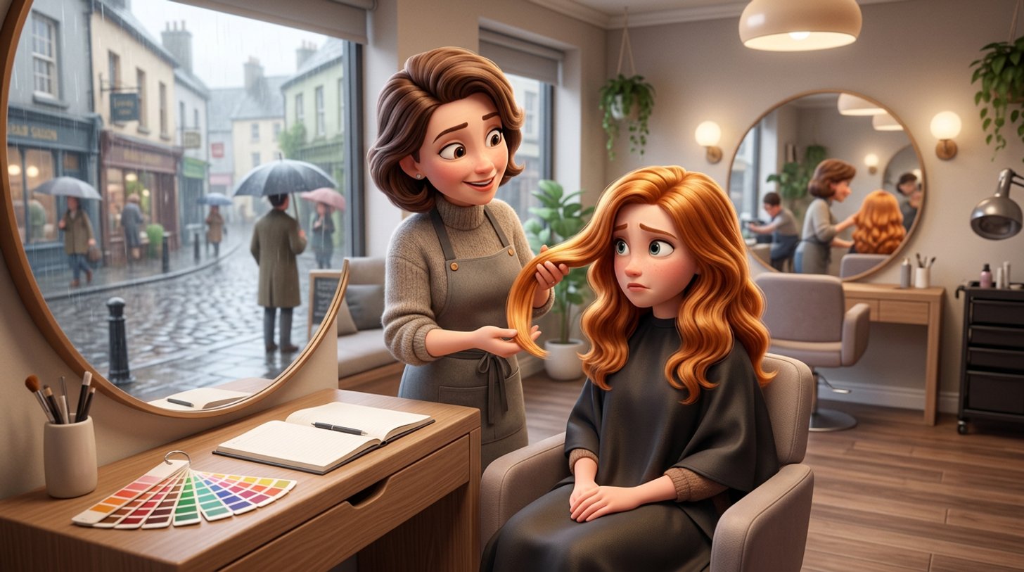 An Irish hair salon owner gently examines a strand of a seated client's freshly coloured copper hair while the client looks unsure in the mirror, consultation notes and colour swatches open on the counter