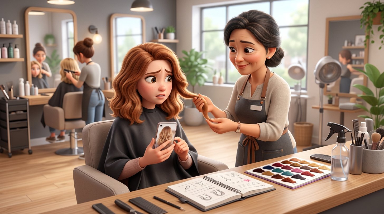 A Malaysian salon owner examines a strand of a worried client's freshly coloured hair in daylight at a styling station, an open consultation notebook and a colour swatch book on the counter between them