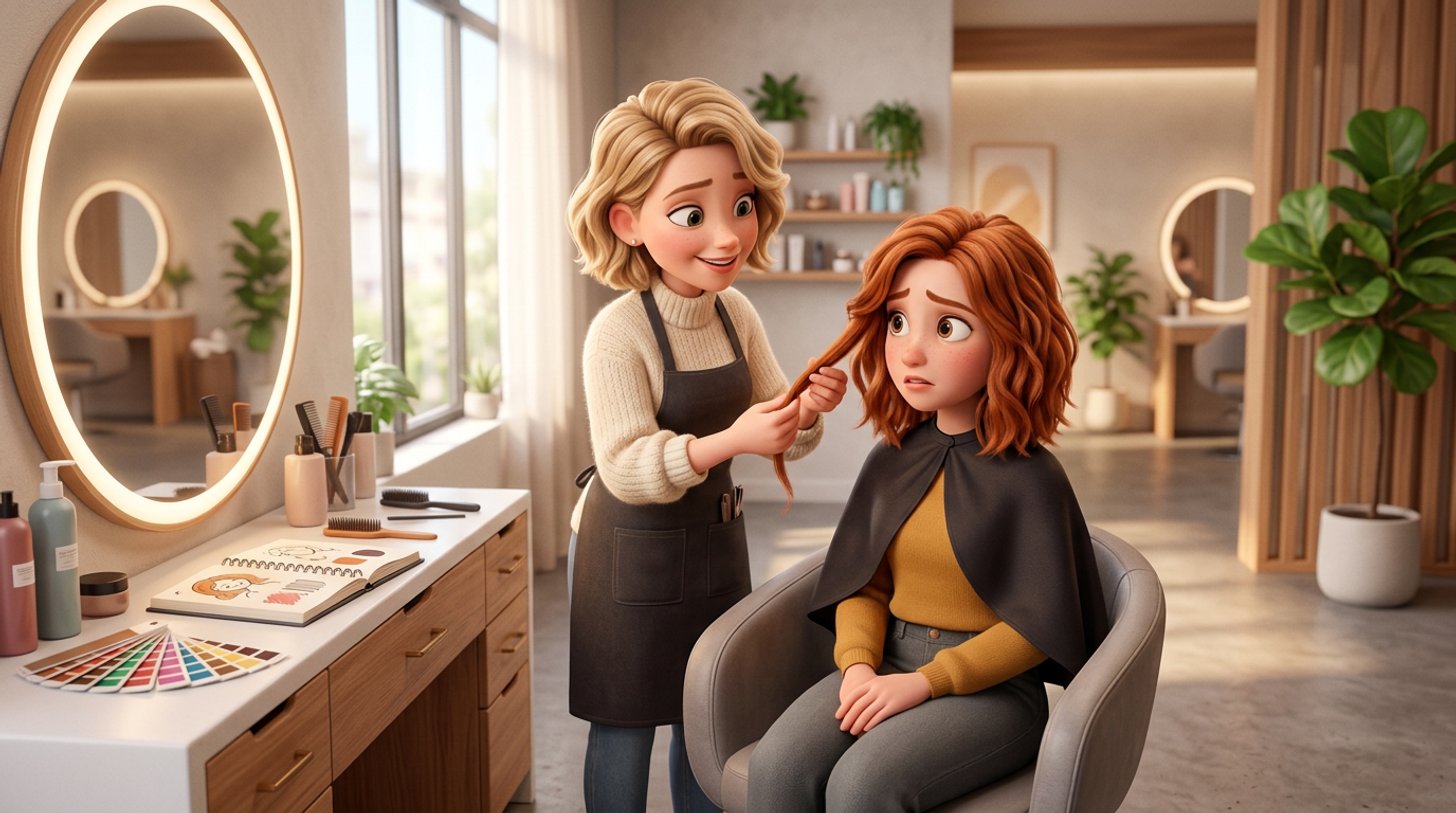 A New Zealand hair salon owner gently examines a strand of an unsure client's freshly coloured hair at a styling station, consultation notes and colour swatches open on the bench beside them