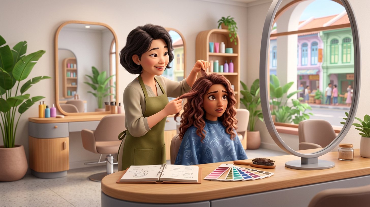 A Singapore salon owner calmly examines a strand of an unsure client's freshly coloured hair at a styling station, consultation notes and colour swatches laid out on the counter beside them