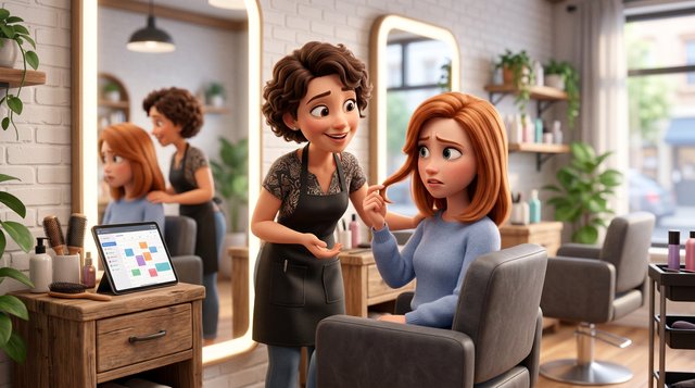 A hair salon owner listens attentively to a concerned client seated in a styling chair, gently examining a strand of her freshly colored hair in a bright modern American salon
