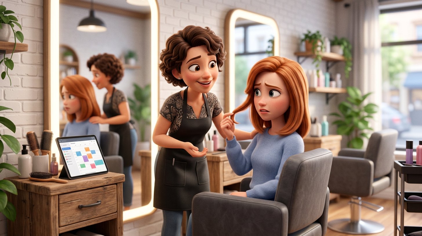 A hair salon owner listens attentively to a concerned client seated in a styling chair, gently examining a strand of her freshly colored hair in a bright modern American salon