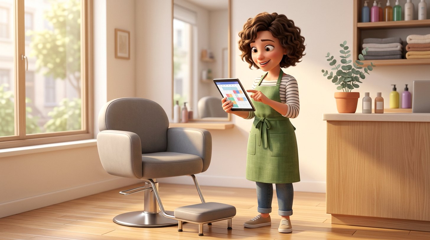 A hair salon owner looks at the booking calendar on a tablet beside an empty styling chair, bright Australian sunlight coming through the salon window