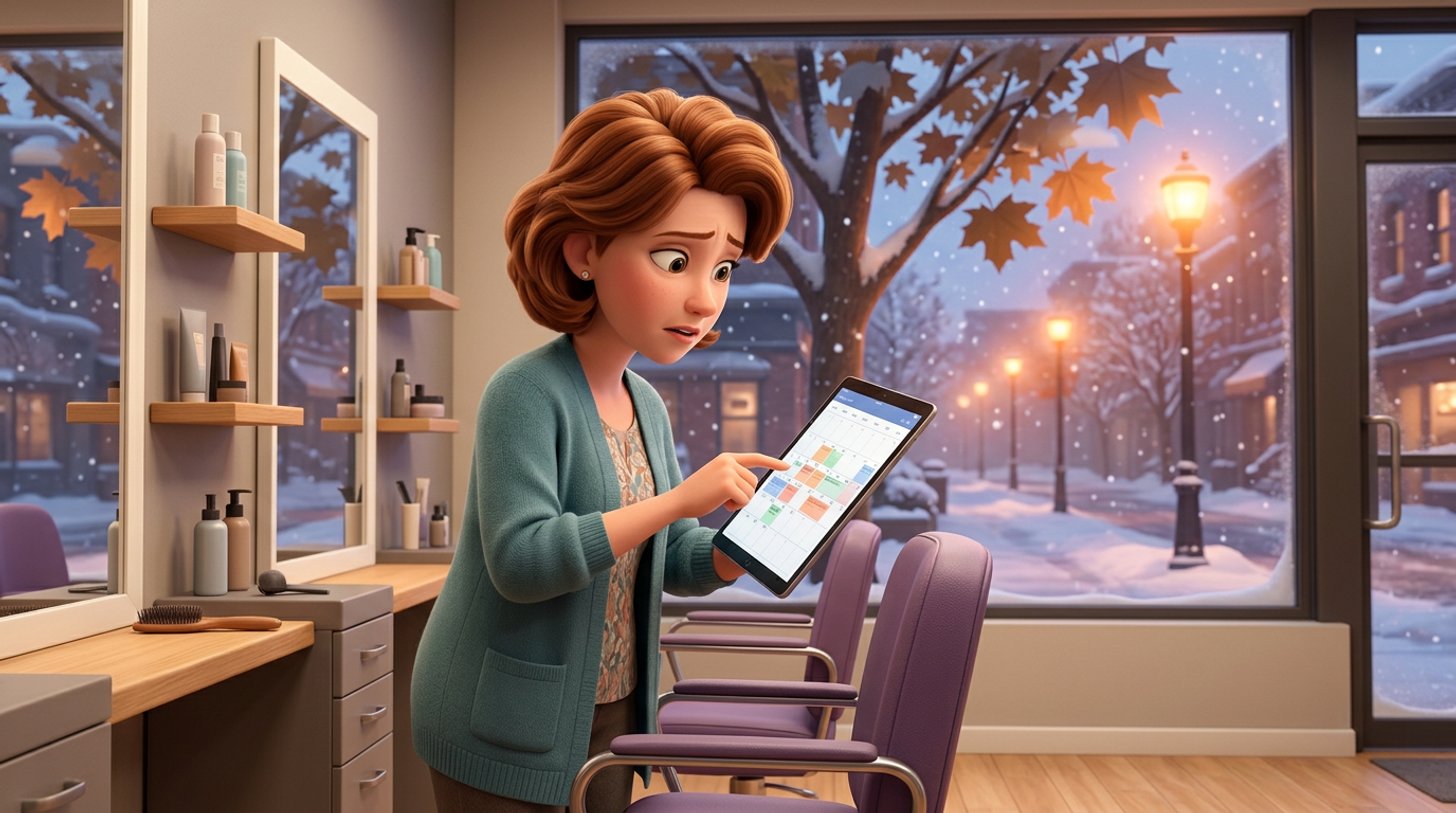 A hair salon owner checks the appointment calendar on a tablet beside an empty styling chair, snow falling on the street outside the salon window