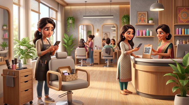 A hairdresser in a bright Indian salon looks at an empty styling chair while a colleague at the reception counter shows a client a payment QR code stand