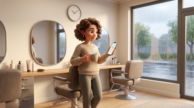An Irish hair salon owner with a mug of tea checks her phone beside an empty styling chair while rain streaks the salon window