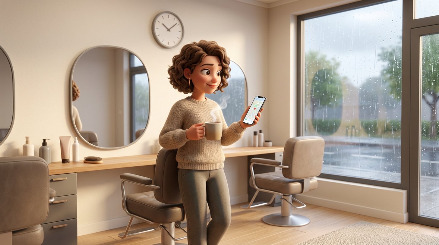 An Irish hair salon owner with a mug of tea checks her phone beside an empty styling chair while rain streaks the salon window