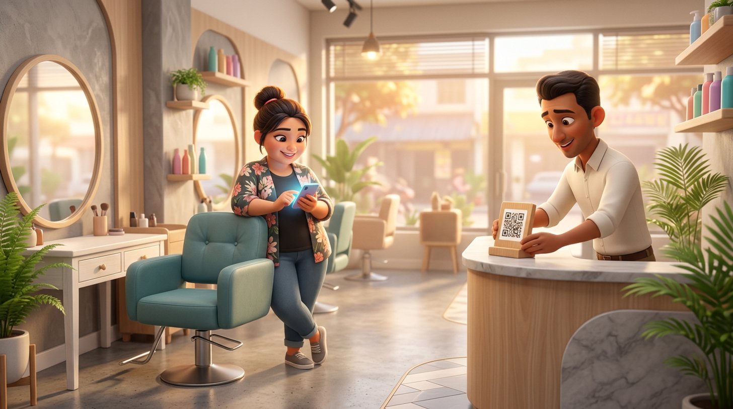 A hairdresser in a bright Malaysian salon checks her phone beside an empty styling chair while a colleague holds up a DuitNow QR stand at the counter