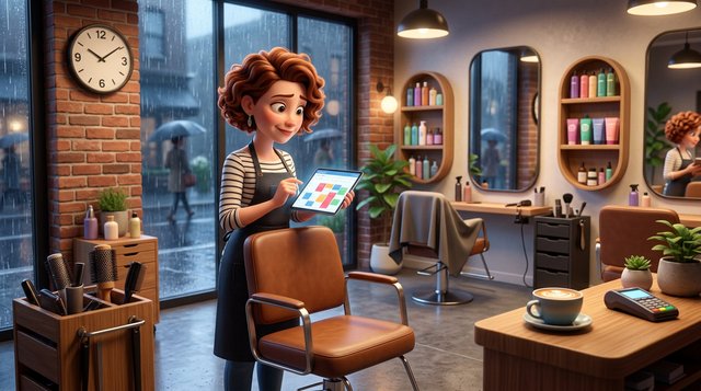 A New Zealand hair salon owner checks the day's bookings on a tablet next to an empty styling chair by a rain-streaked window
