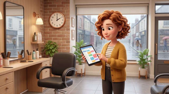 A thoughtful salon owner checks the appointment diary on a tablet beside an empty styling chair, the salon clock showing two o'clock