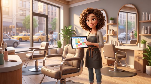 A hair salon owner looks at an empty styling chair while holding a tablet with the day's appointment calendar, in a bright modern American salon